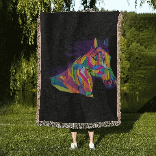 Colorful pop art horse portrait - pony Woven Blankets