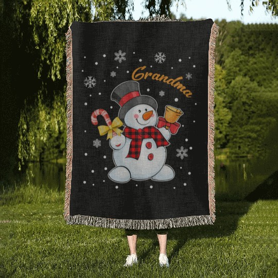 Grandma Snowman Candy Cane Christmas Red Plaid Woven Blankets