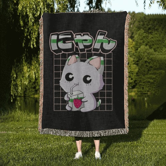 Demiromantic Pride Kawaii Cat Strawberry Milk Woven Blankets