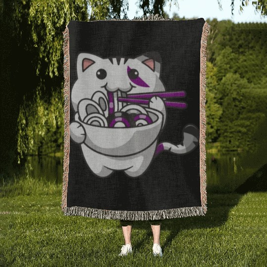 Asexual Pride Kawaii Cat Ramen Noodles Asexual Fla Woven Blankets