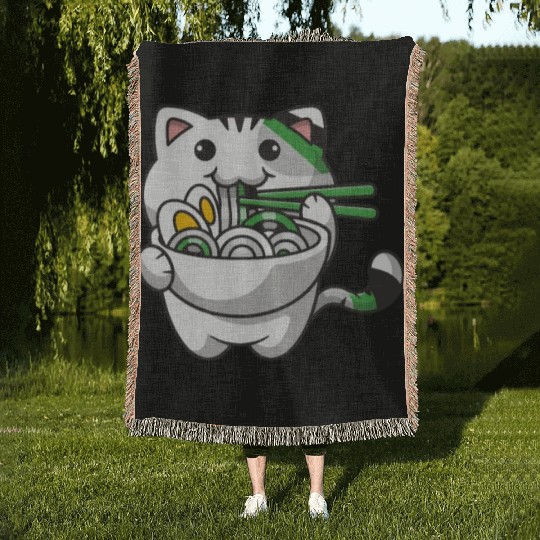 Demiromantic Pride Kawaii Cat Ramen Noodles Woven Blankets