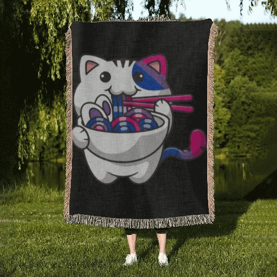 Bisexual Pride Bi Kawaii Cat Ramen Noodles Bisexua Woven Blankets