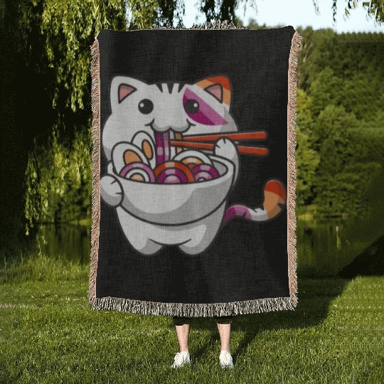Lesbian Pride Gay Kawaii Cat Ramen Noodles Lesbian Woven Blankets