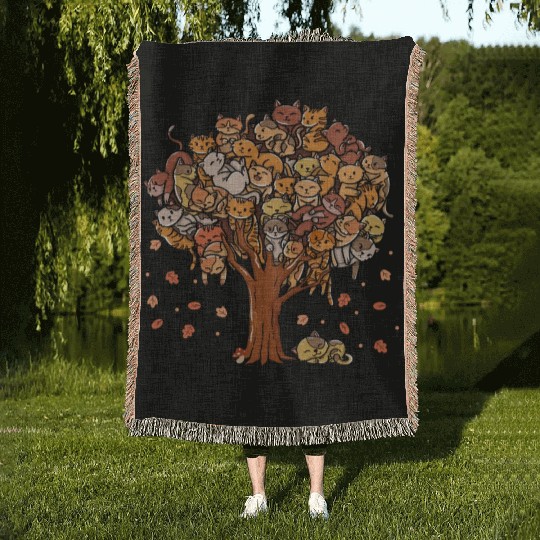 Autumn Tree Kittens Family Of Cats Fall Season Woven Blankets