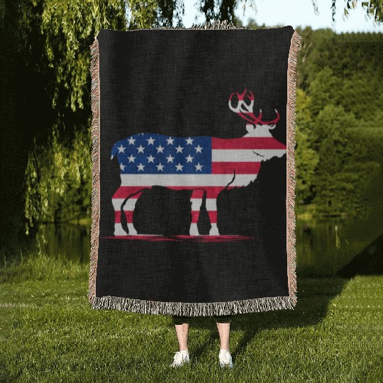 Patriotic US Flag Colored Moose Reindeer Elch Woven Blankets