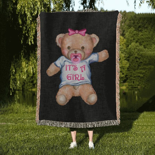 It's A Girl Teddy Bear with Pacifier Woven Blankets