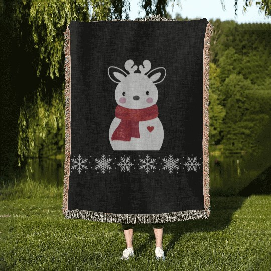 Christmas reindeer snowman Woven Blankets