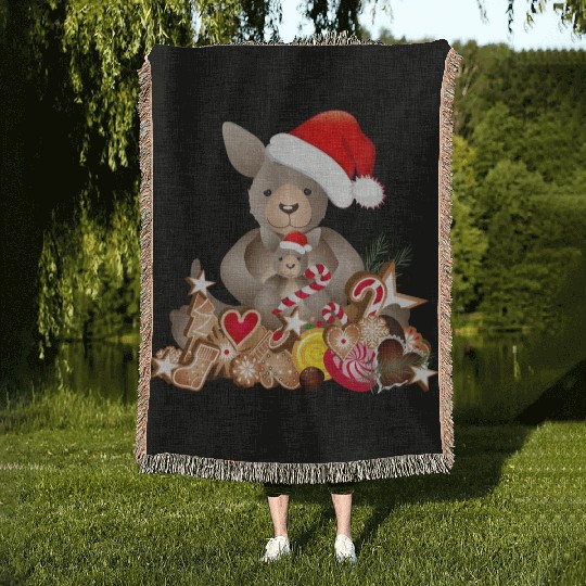 cute kangaroo for christmas with santa hat Woven Blankets