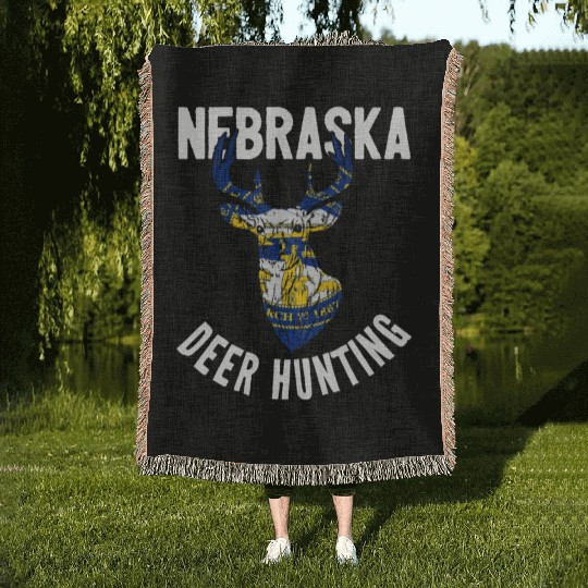 Nebraska Deer Hunting Buck Stag Hunter Woven Blankets