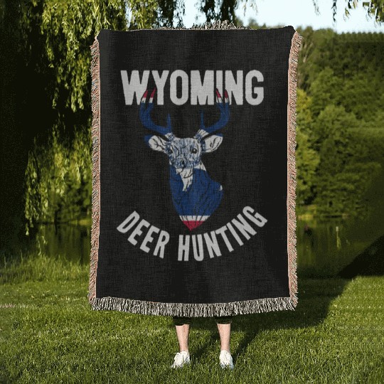 Wyoming Deer Hunting Buck Stag Hunter Woven Blankets