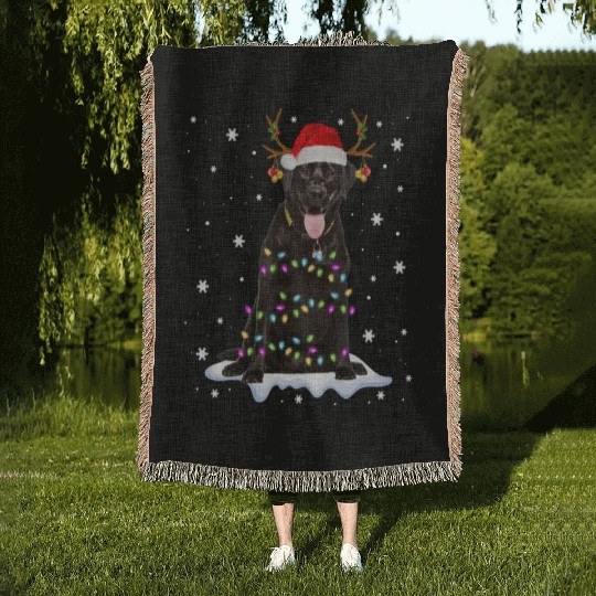 Black Lab Labrador Christmas Tree Light Pajama Dog Woven Blankets