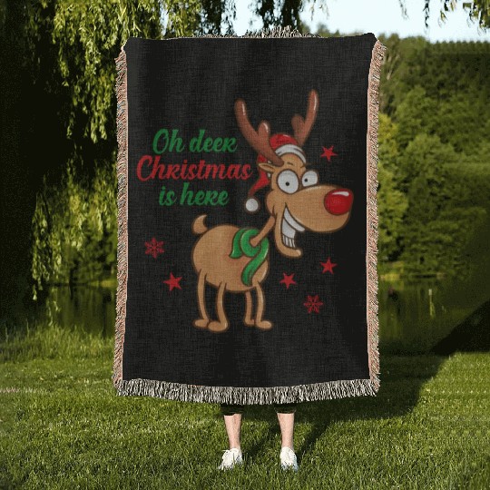 Reindeer Rudolph deer Christmas Is Here Woven Blankets