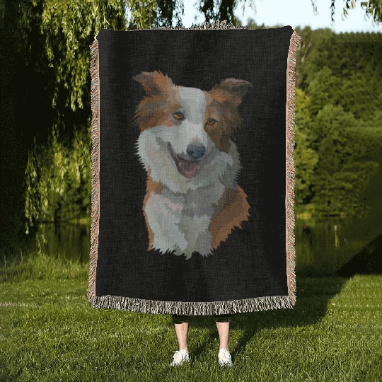 Cute Brown Border Collie Dog Watercolor Painting Woven Blankets