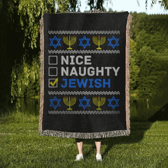 Nice Naughty Jewish Ugly Hanukkah Sweater Chanukah Woven Blankets