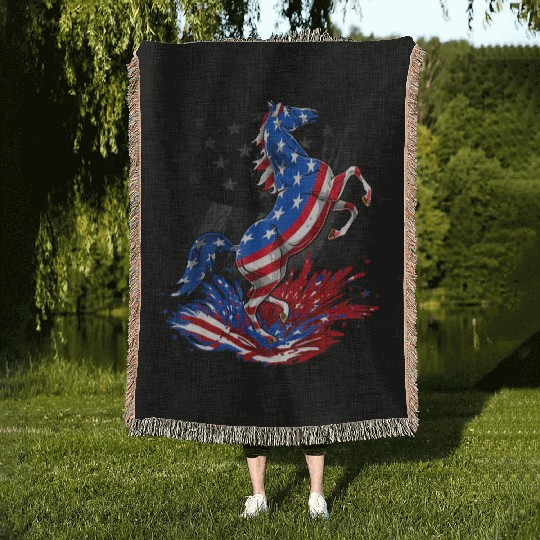 Horse 4th Of July American Flag USA Horse Woven Blankets