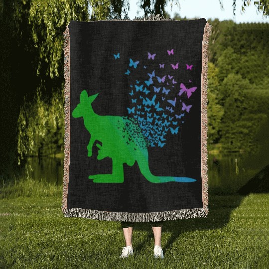 Butterfly & Kangaroo In Nature Australia Kangaroo Woven Blankets