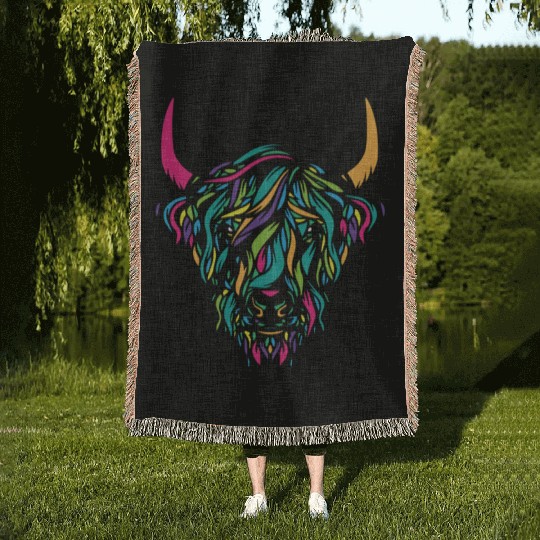 Funny Cow highland cow animal colorful Woven Blankets