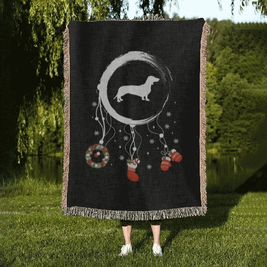 dog dreamcatcher Christmas Dachshund Woven Blankets