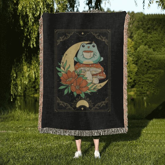Cottagecore Aesthetic Tarot Card Frog Sipping Tea Woven Blankets