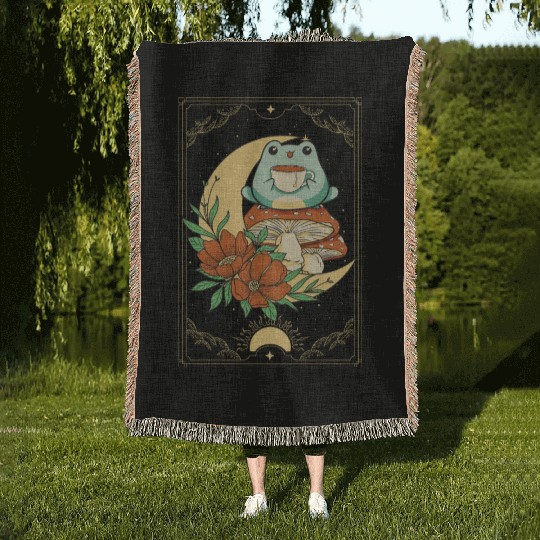 Cottagecore Aesthetic Tarot Card Frog Sipping Tea Woven Blankets