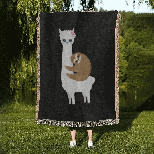 Cute kawaii llama with sloth Woven Blankets