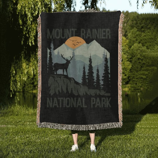 Mount Rainier National Park Mountains Deer Woven Blankets