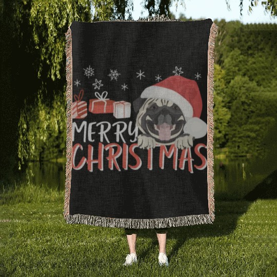 Pug Merry Christmas Woven Blankets