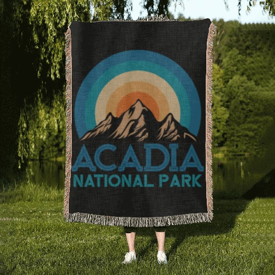 Cool Vintage Retro Acadia National Park Mountain Woven Blankets