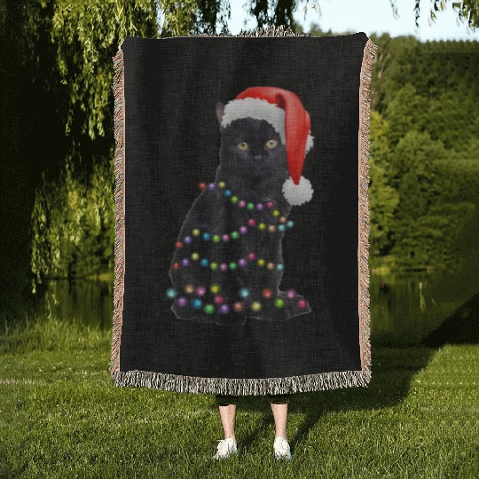 Black Cat Christmas Light Funny Cat Love Christmas Woven Blankets