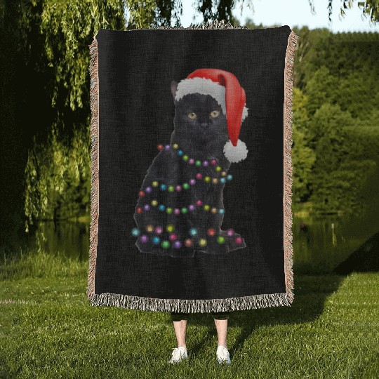 Black Cat Christmas Light Funny Cat Love Christmas Woven Blankets