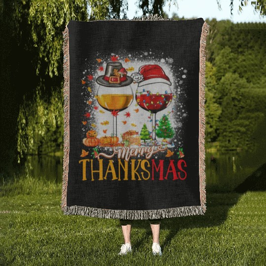 Merry Thanksmas Santa Hat Thanksgiving Christmas Woven Blankets