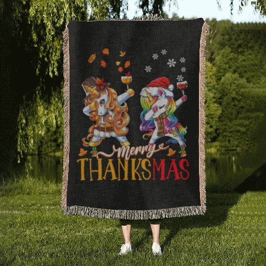 Merry Thanksmas funny unicorn Thanksgiving xmas Woven Blankets