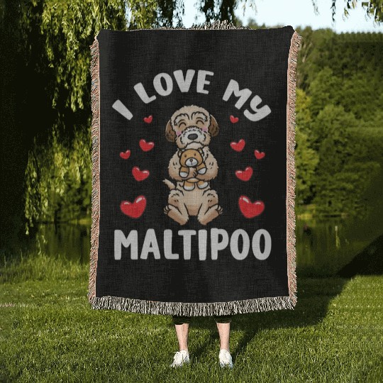 Maltipoo Dog With Stuffed Animal Woven Blankets