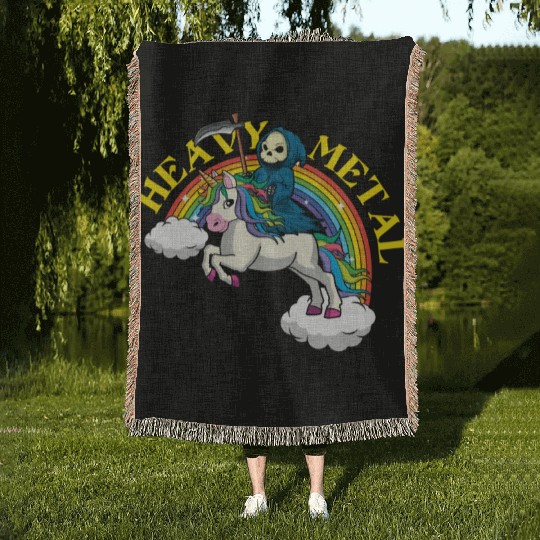 Skeleton Unicorn Rainbow Metal Music Heavy Rock Woven Blankets