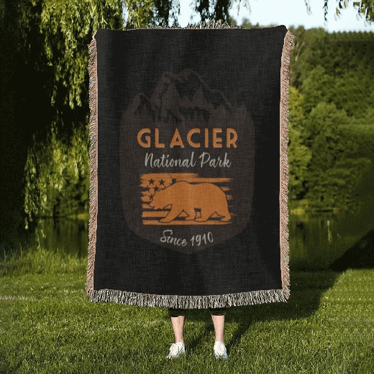 Glacier National Park US Flag Grizzly Bear Woven Blankets