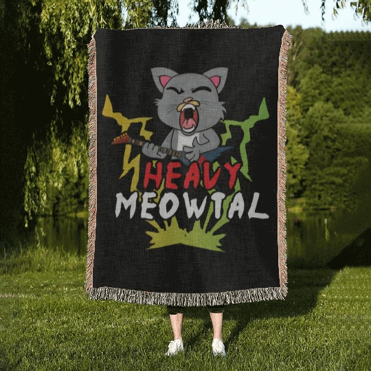 Cute Cat Heavy Meow Metal Music Lover Guitar Woven Blankets