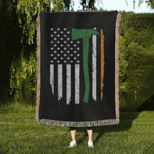 Irish Firefighter American Flag Ireland Woven Blankets