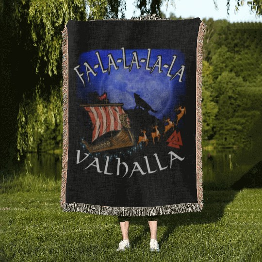 Fa La La La Valhalla Christmas Dragon Ship Vikings Woven Blankets
