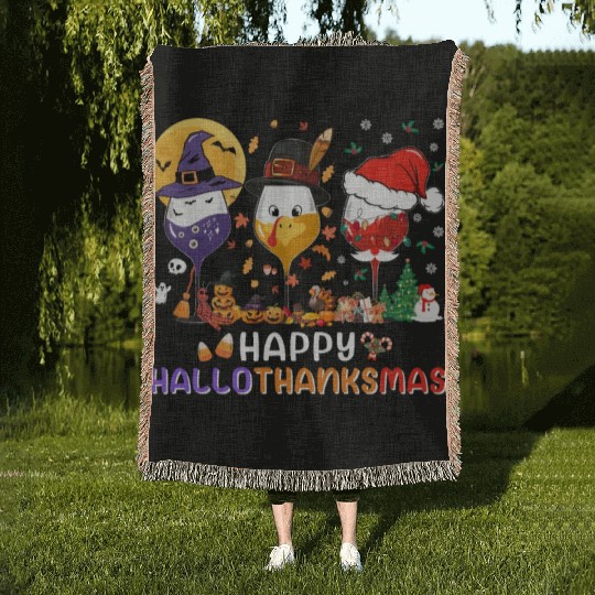 Hallothanksmas Halloween Thanksgiving Christmas Woven Blankets
