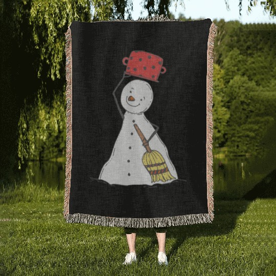 funny snowman with mustache and carrot Woven Blankets