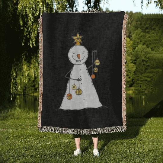 funny snowman with mustache and carrot Woven Blankets