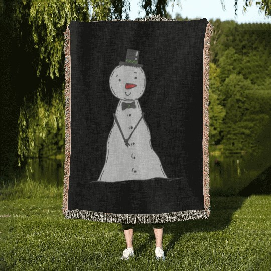 funny snowman with mustache and carrot Woven Blankets