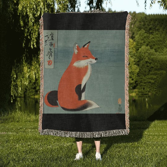 Ukiyo-e Fox, Japanese Print Woven Blankets