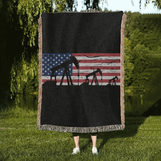 US American Flag Oilfield Oil Field Rig Refinery W Woven Blankets