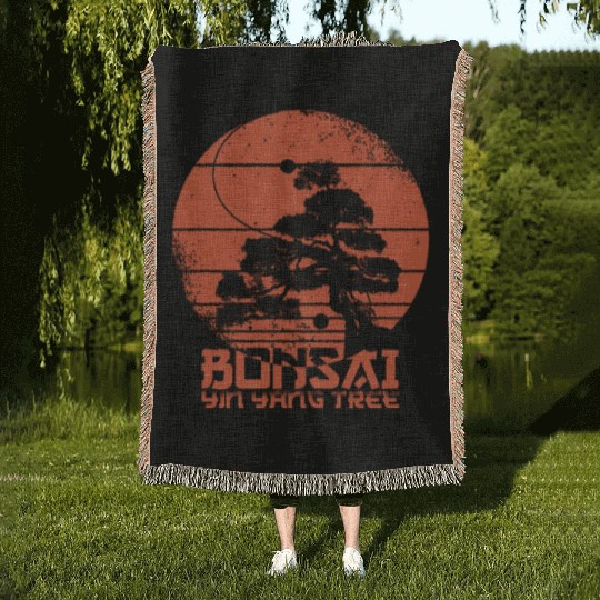 Yin Yang Bonsai Tree Japanese Design Buddhist Zen Woven Blankets