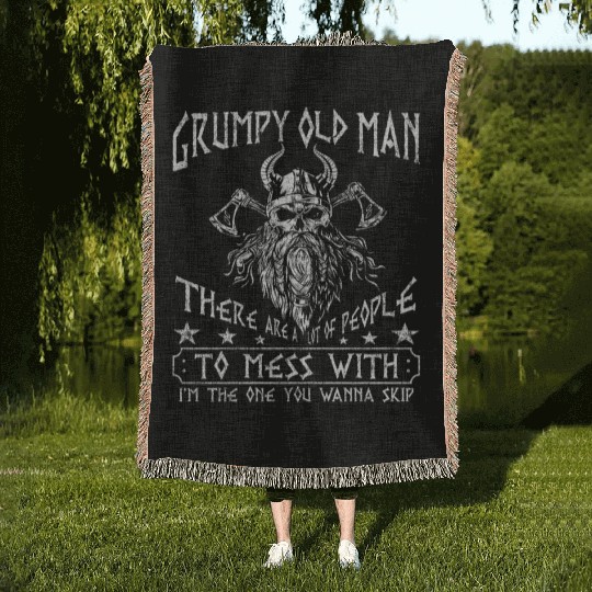 Grumpy Old Man Warrior Skull Viking Woven Blankets