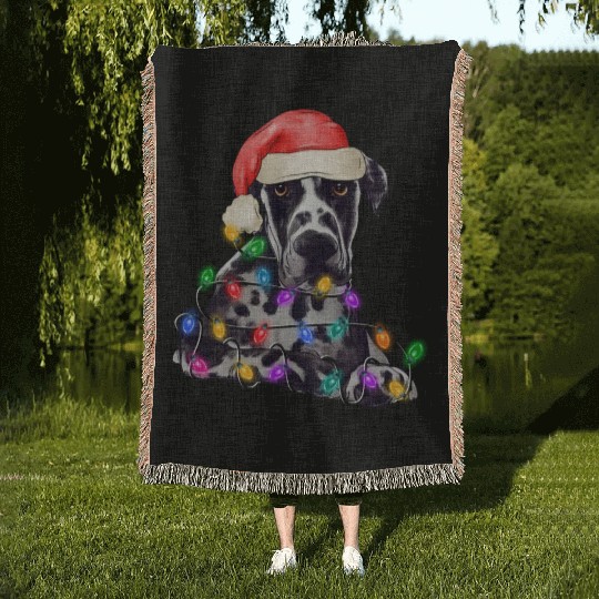 Great Dane Dog Christmas Tree Lights Woven Blankets