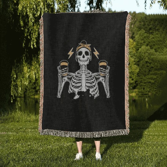 Skeleton Drink Tired Mom needs Coffee Woven Blankets