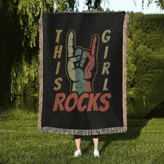 Vintage Retro Rock Sign Rock Hand Metal Girl Rocks Woven Blankets
