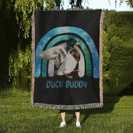Duck Buddy - Funny Duck And Blue Green Rainbow Woven Blankets